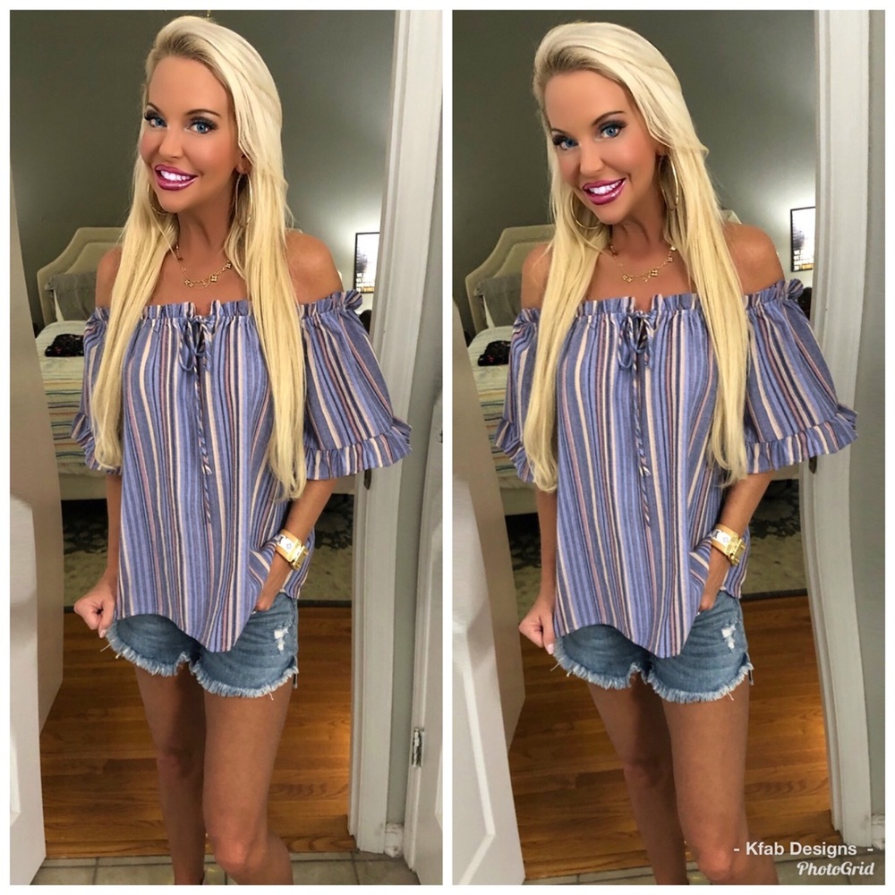 ❤️LAST 1! Off Shoulder Blue/Lavender Striped Top! - Picture 3 of 6
